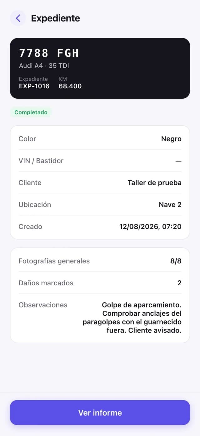 Ficha de un expediente de Damage Check con los datos del vehículo y el recuento de daños