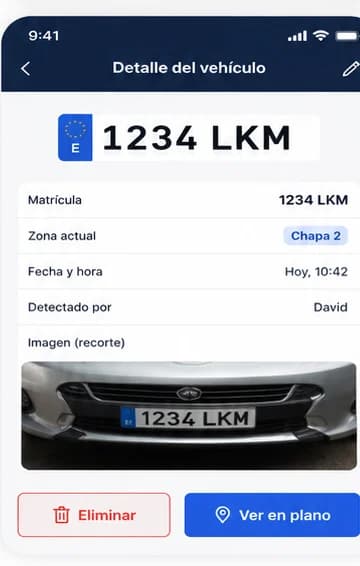 Ficha de un vehículo con su matrícula, la zona donde está y el recorte de la imagen que lo identificó