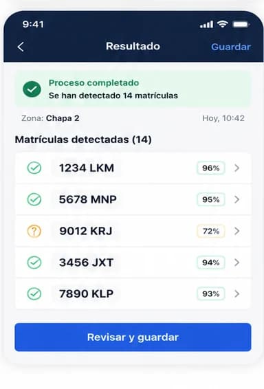Resultado de un escaneo de Garage Map con las matrículas detectadas y su nivel de confianza